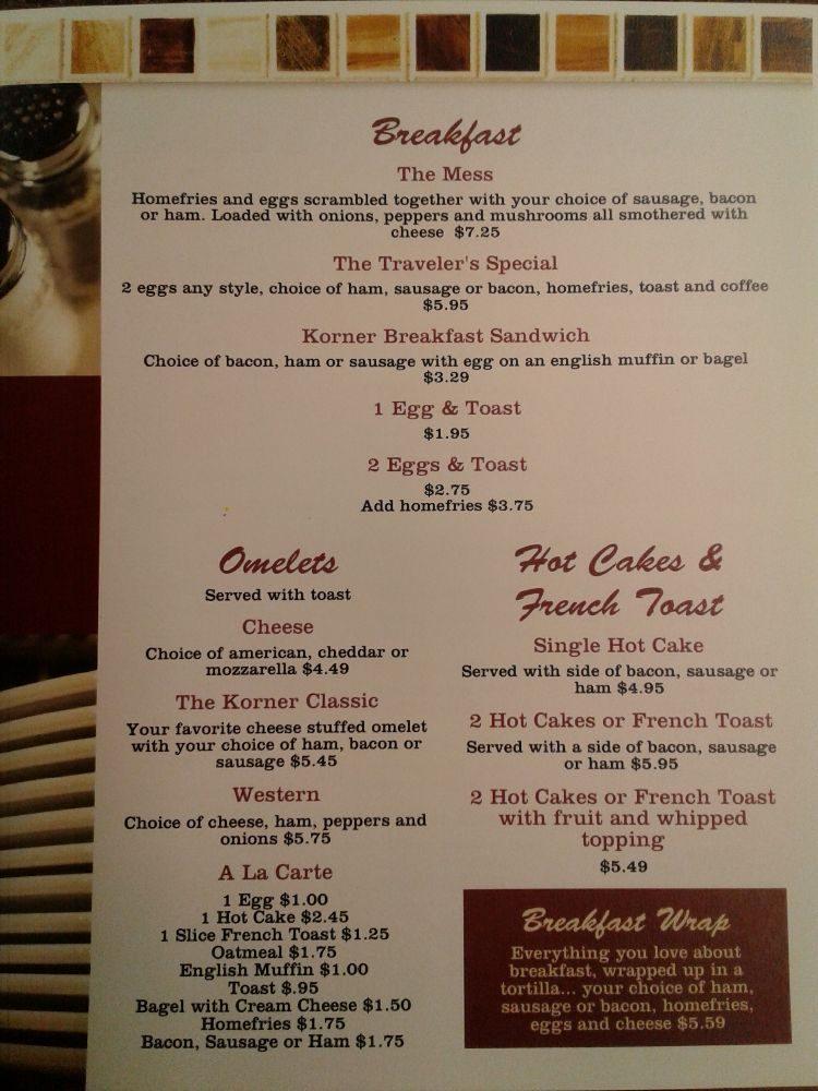 Menu at The Korner Restaurant, Rimersburg, 626 Lawsonham Rd