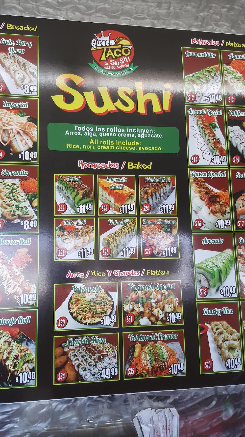 Menu at Queen Taco & Sushi restaurant, South Gate