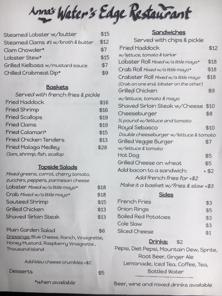 Menu at Anna's Water's Edge Restaurant, Phippsburg