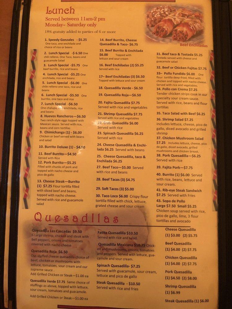 Menu at Las Cascadas restaurant, Six