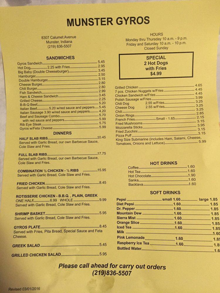 Menu at Munster Gyros restaurant, Munster, Calumet Ave