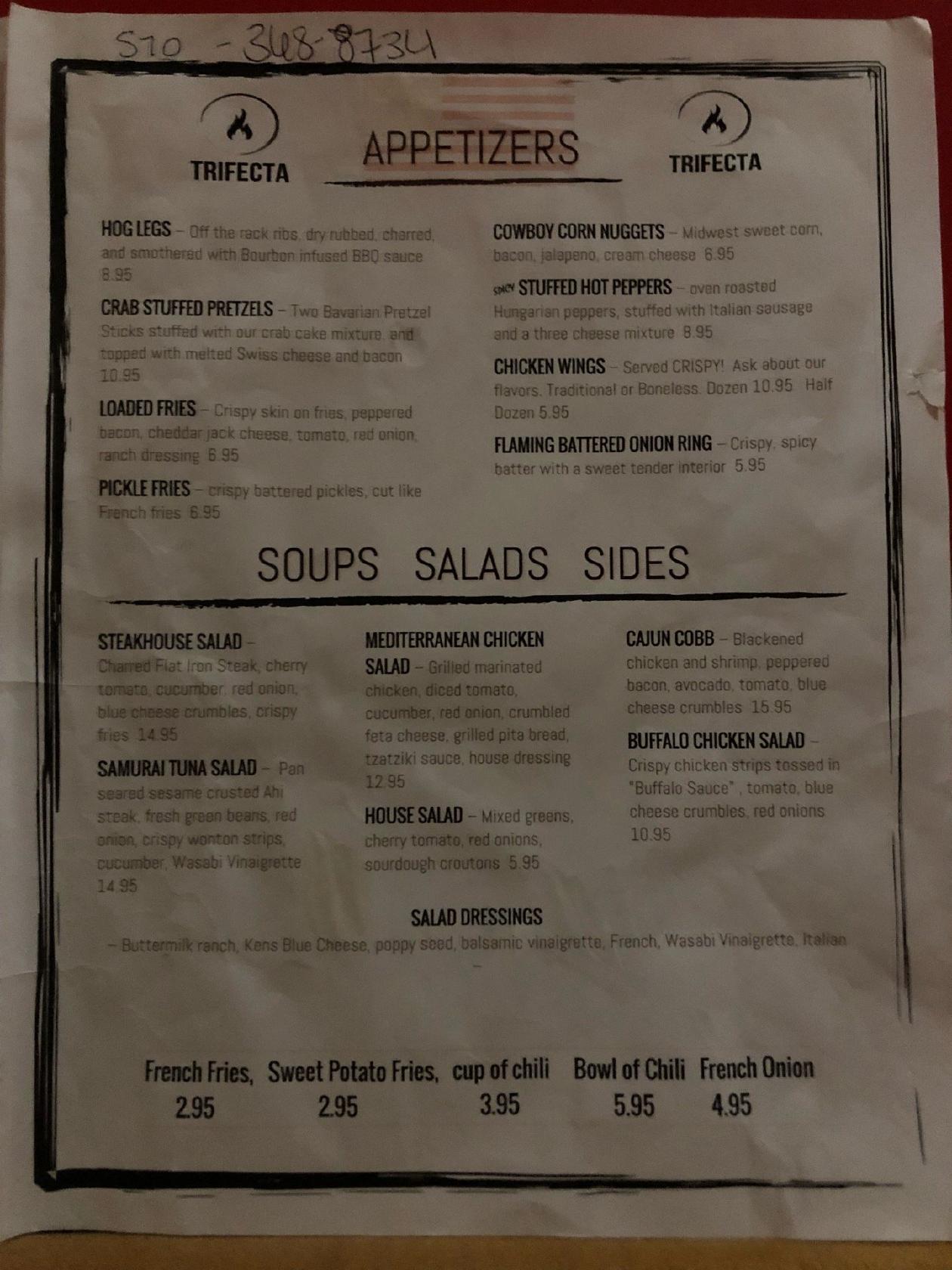 Menu at Trifecta pub & bar, Montoursville