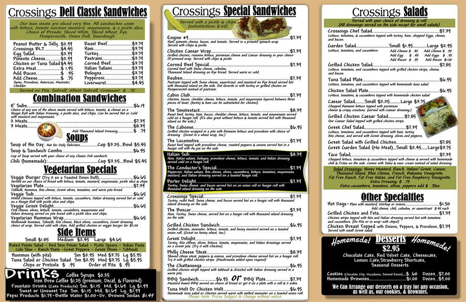 Menu at Crossings Deli restaurant, Columbia