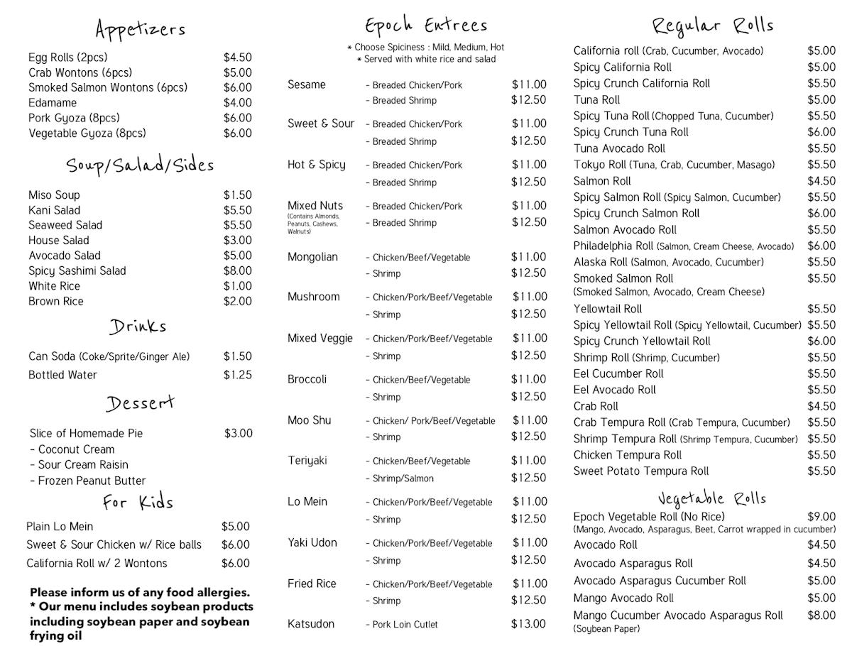 Menu at Epoch Asian Fusion restaurant, Pompton Lakes