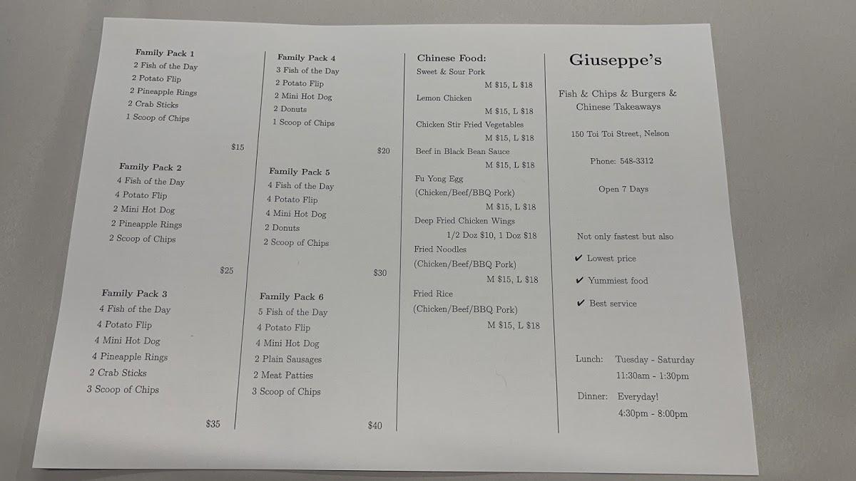 Menu at Giuseppes Fish & Chips & Burgers restaurant, Nelson
