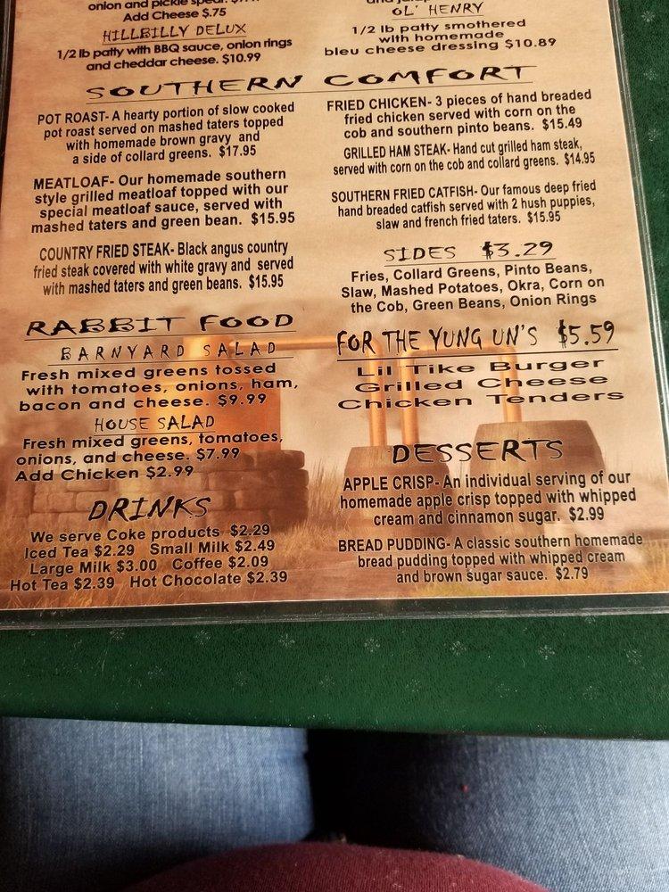 Menu at Hillbilly's Restaurant, Pigeon Wears Valley Rd