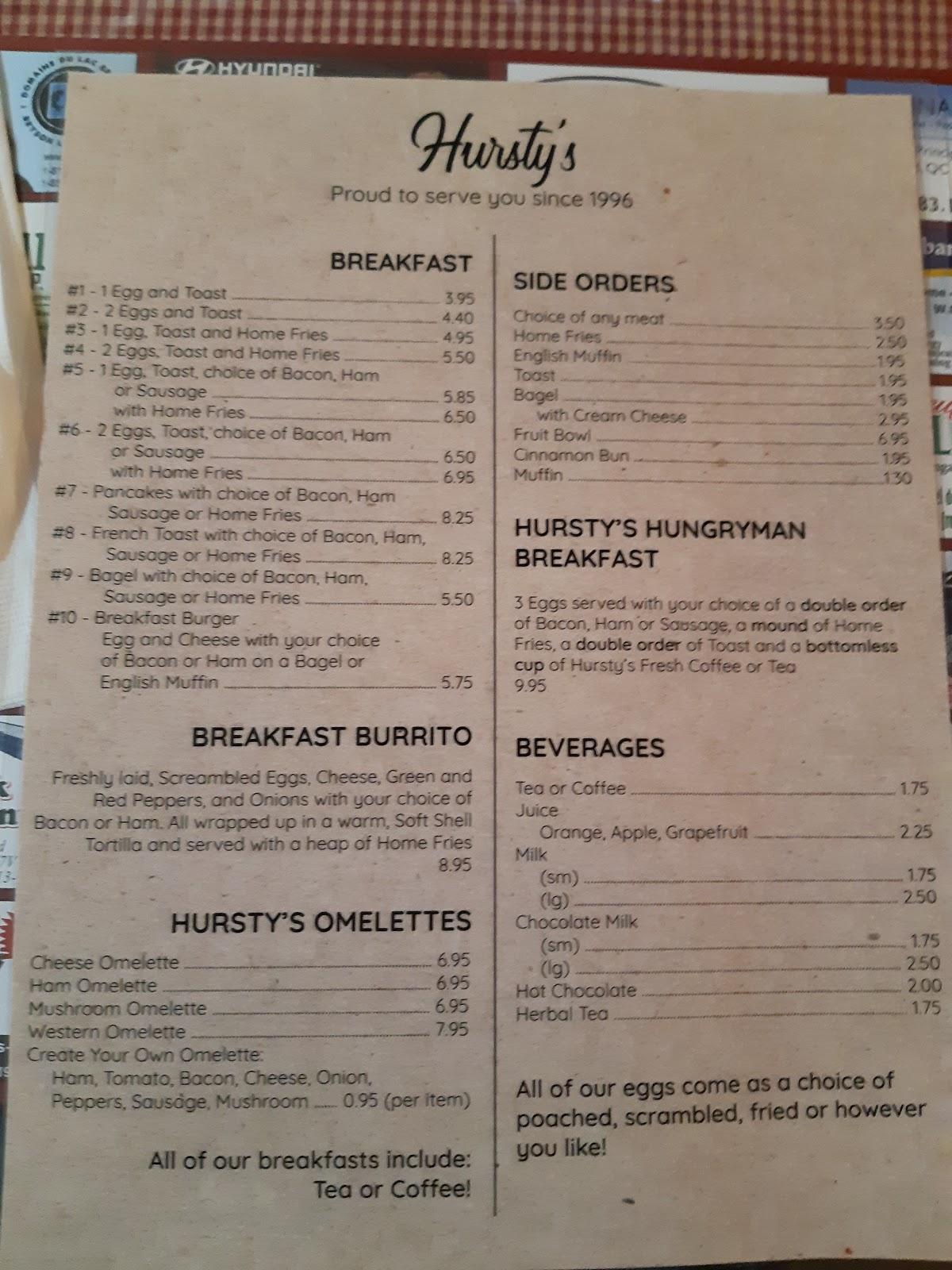 Menu at Hursty's Bar & Grill, Shawville