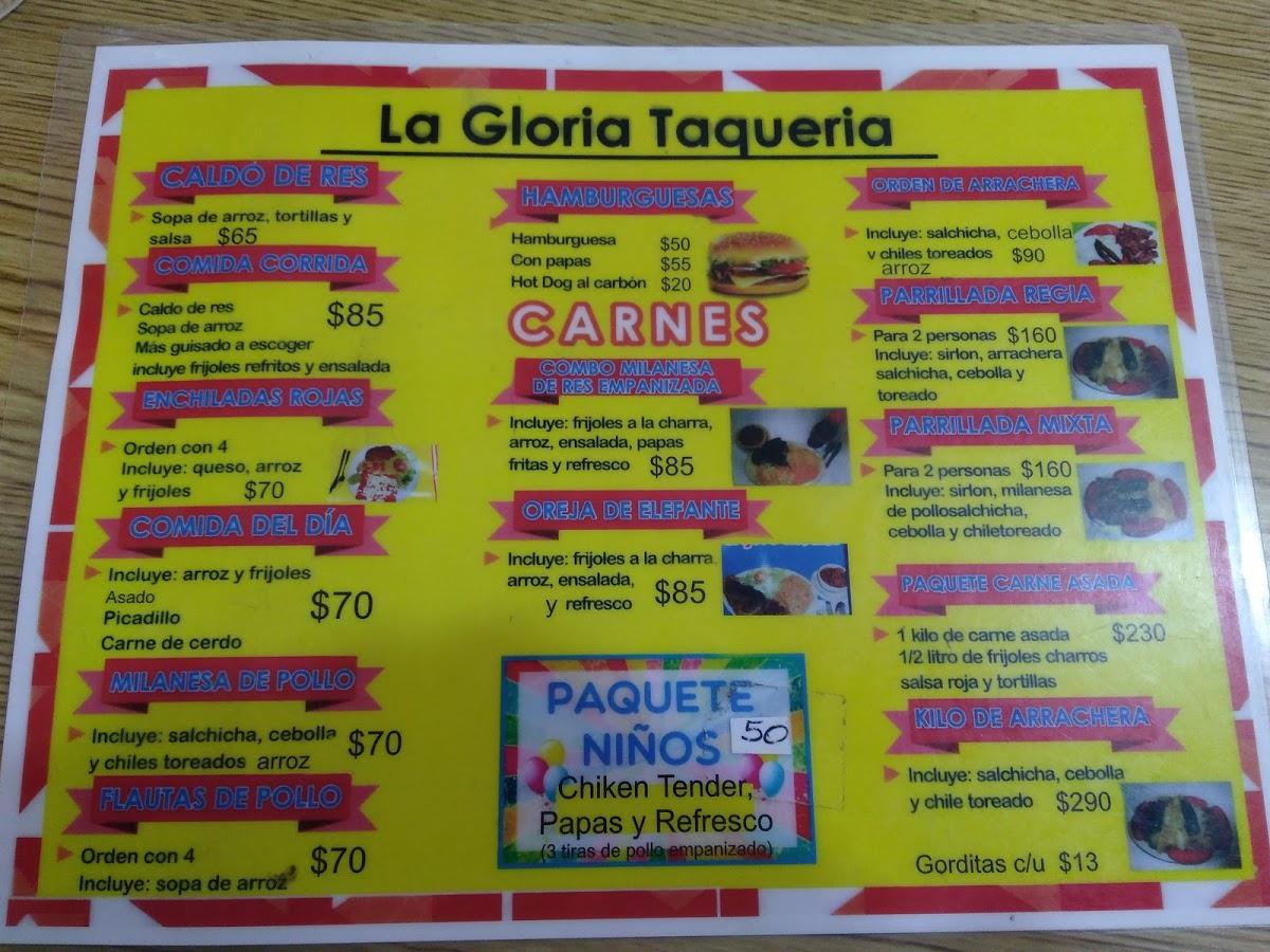Menu at La Gloria restaurant, Saltillo, Padre Flores 221