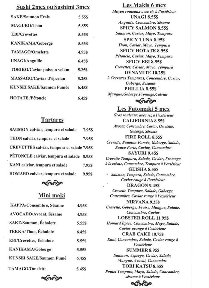 Menu au Chiyo restaurant, SalaberrydeValleyfield