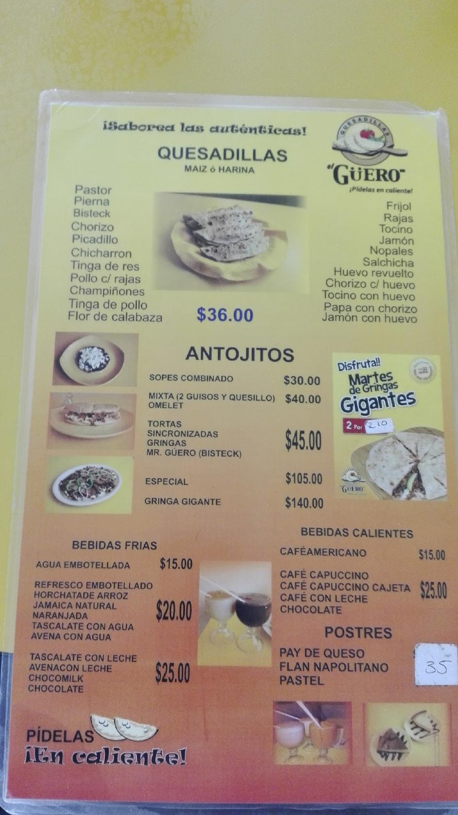 Carta del restaurante Quesadillas El Güero Marimba, Tuxtla Gutiérrez
