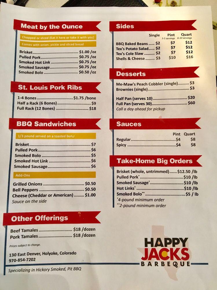 Menu at Happy Jacks Barbeque, Holyoke