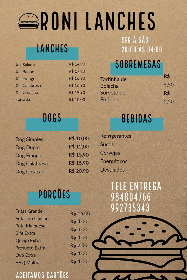 RONI Lanches cardápio