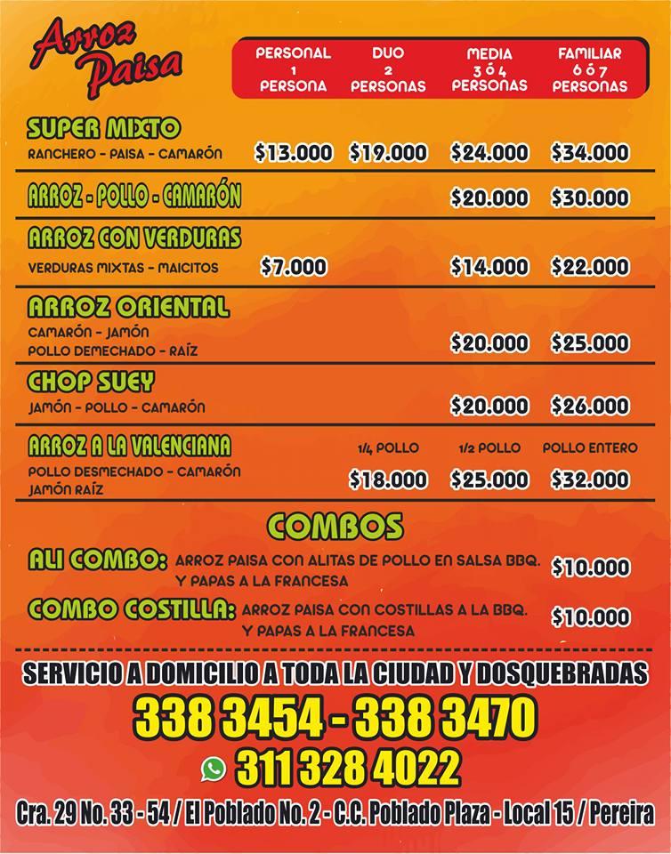 Carta Del Restaurante Arroz Paisa El Exitazo Del Sabor Pereira Cra 29 No33 55 8547