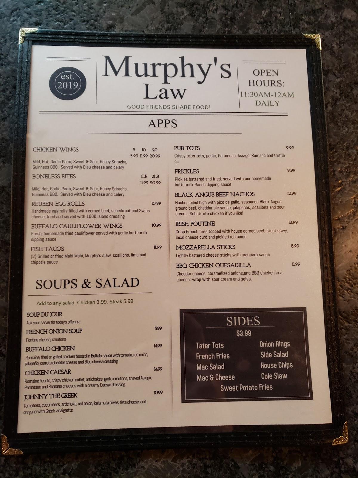 Menu at Murphy's Law Irish Pub, Canandaigua