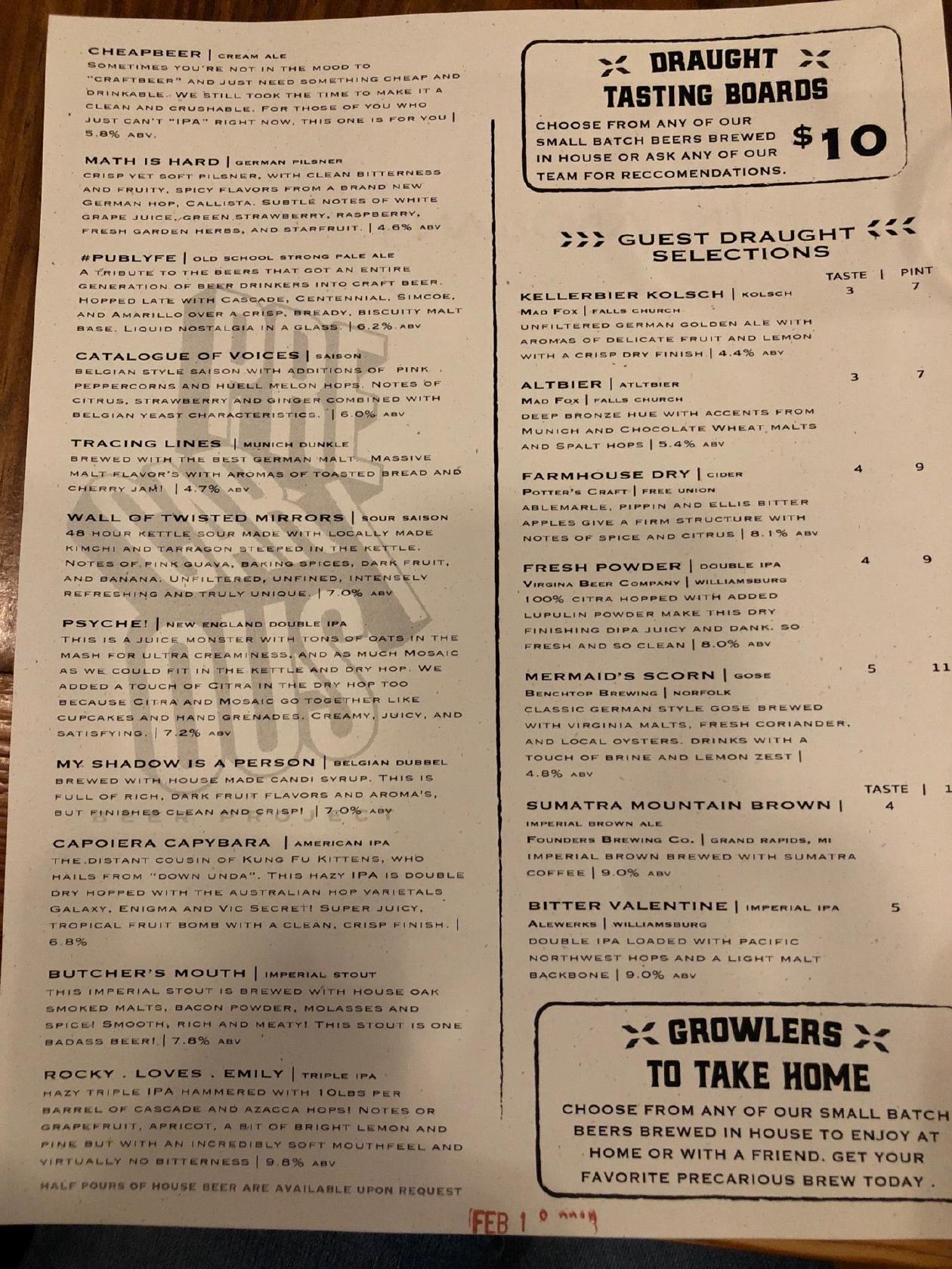 Menu at Amber Ox Public House, Williamsburg