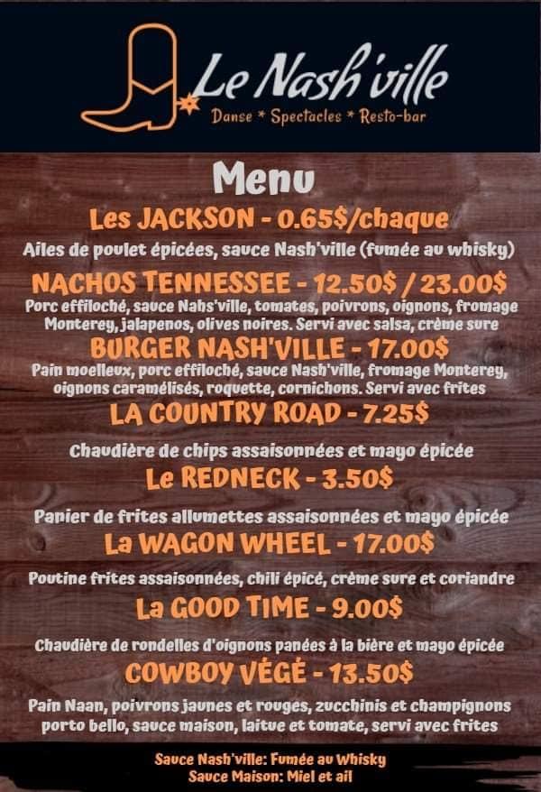 Menu au Le Nash'ville Victoriaville pub et bar, Victoriaville, 633 Bd