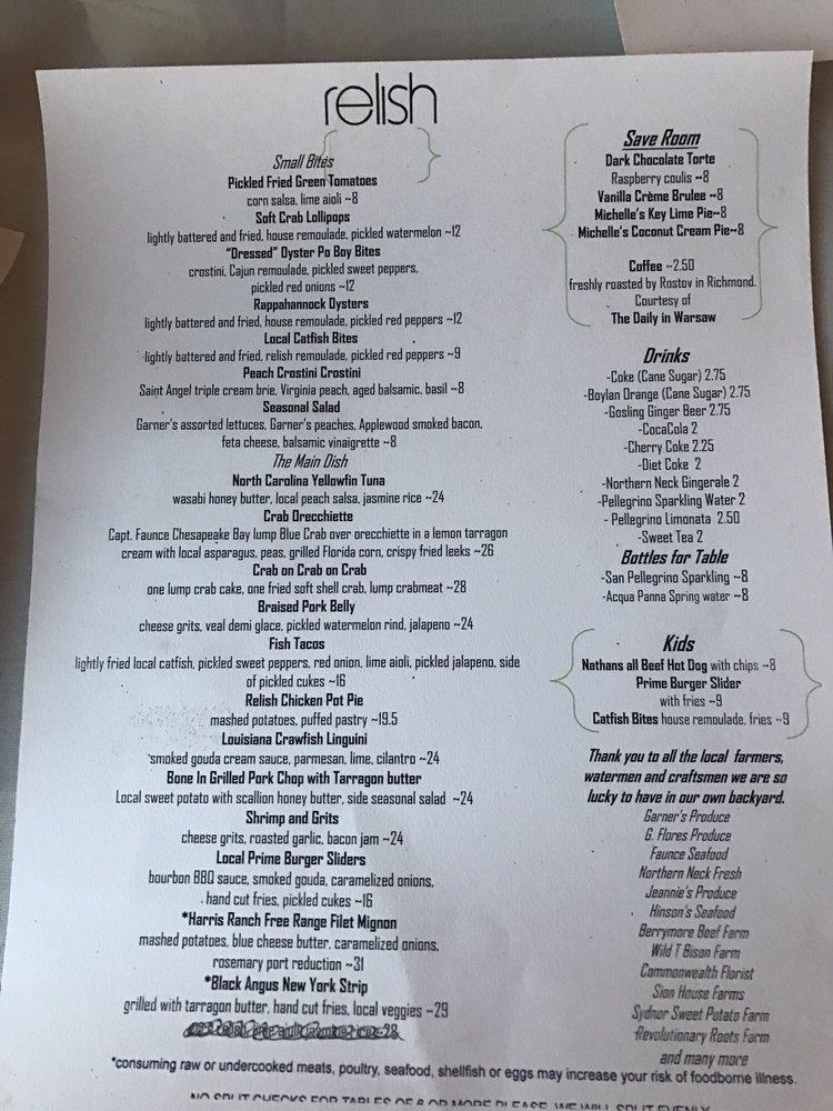 Menu at Relish Restaurant and Wine Bar, Warsaw