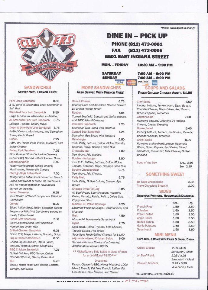 Menu at Cleavers Chicago Style Flavor restaurant, Evansville