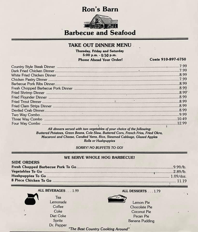 Menu at Ron's Barn Barbecue & Seafood, Coats, 91 Pig Out Ln
