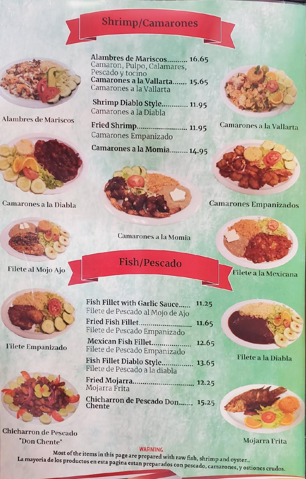 Menu at Don Chente Mexican & Seafood Restaurant, Bryan