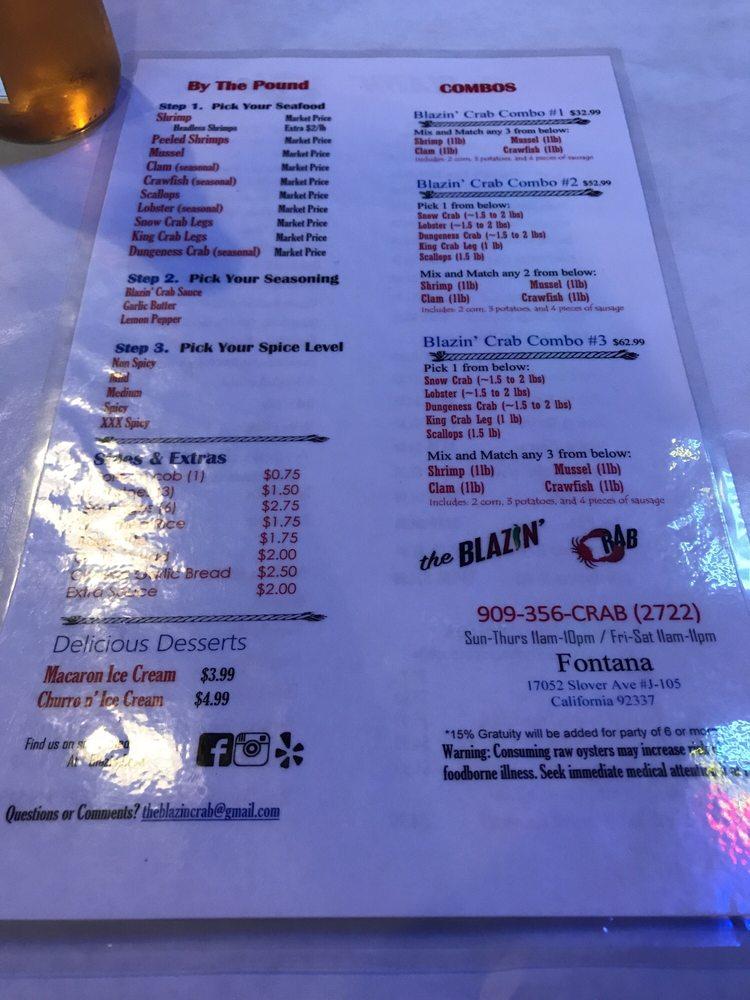 Menu at Blazin' Crab Fontana pub & bar, Fontana