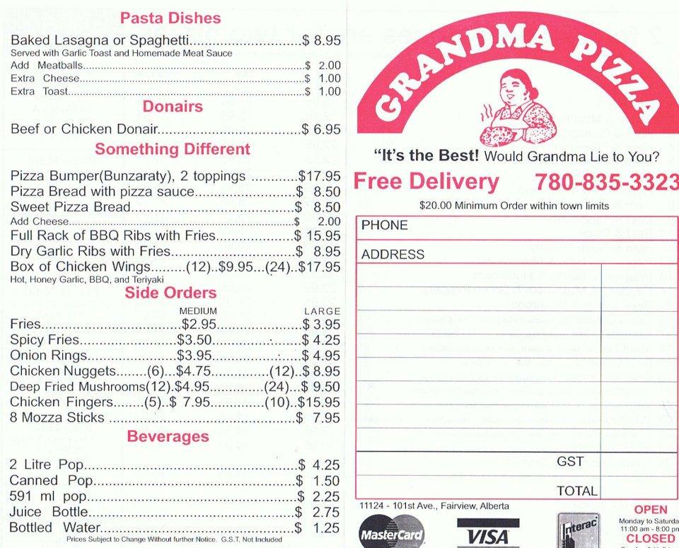 Menu at Grandma's Pizza restaurant, Fairview