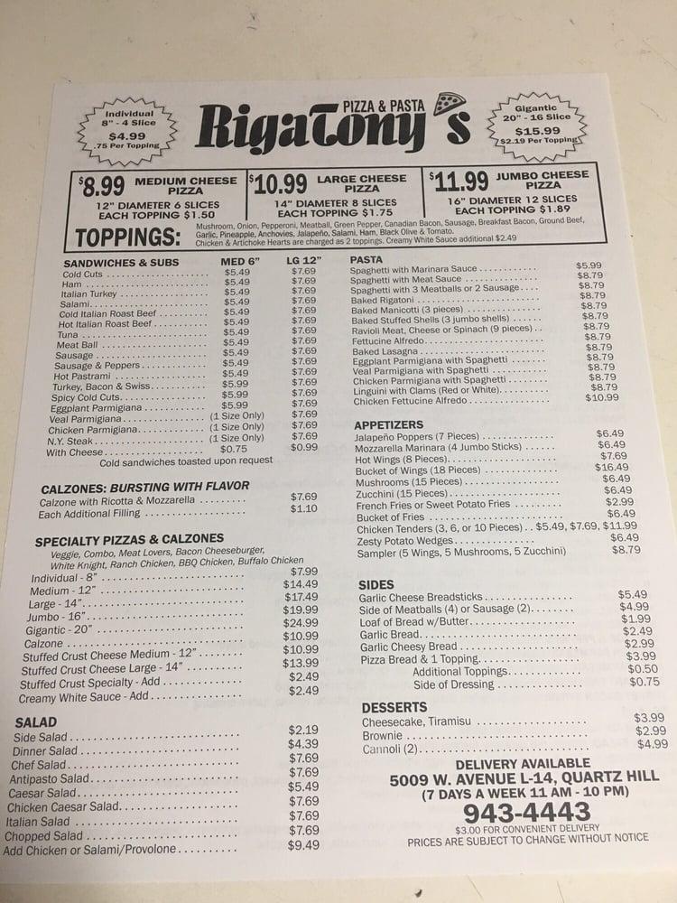 Menu at RigaTony’s Pizza & Pasta pizzeria, Lancaster