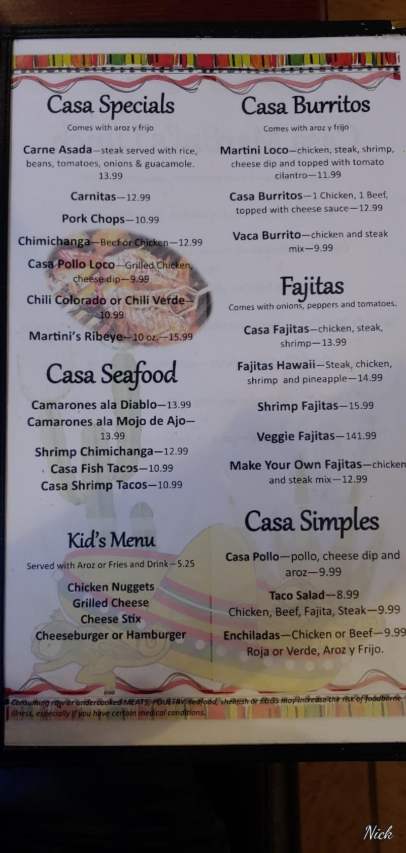Menu at Casa Martini restaurant, Dry Ridge