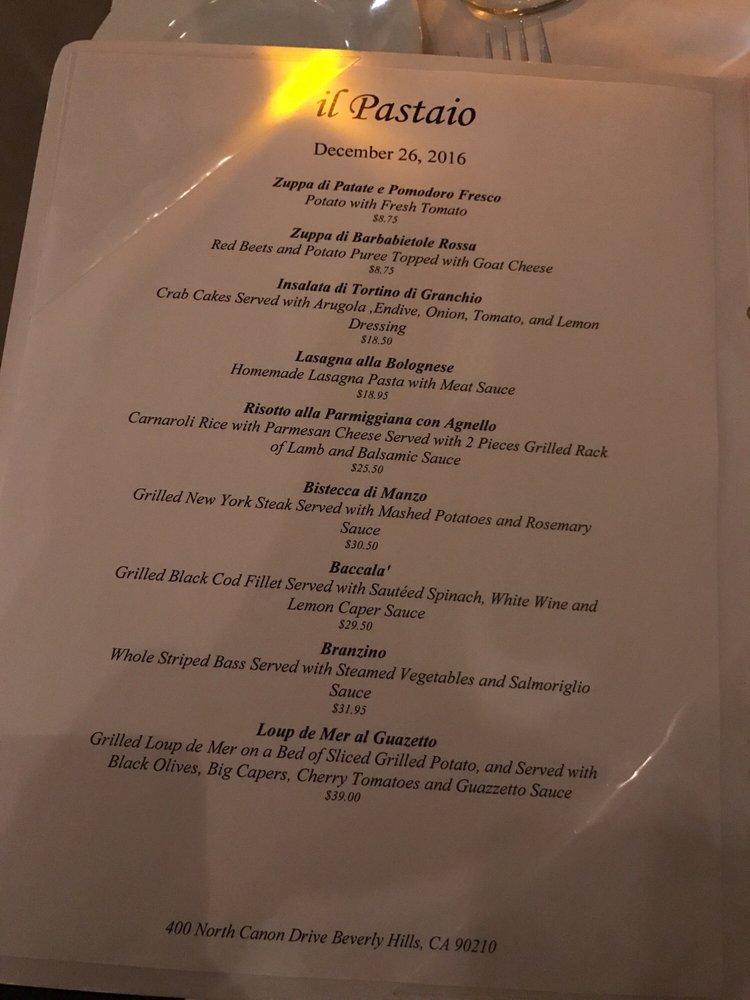 Menu at Il Pastaio restaurant, Beverly Hills