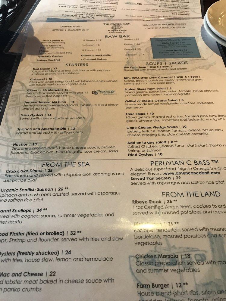 Menu at Oyster Farm Seafood Eatery steakhouse, Cape Charles