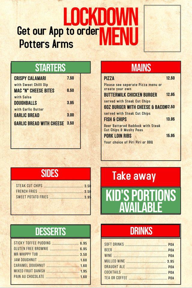 Menu at The Potters Arms pub & bar, Amersham