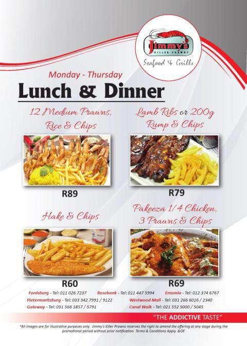 Menu at Jimmy's Killer Prawns Erasmia restaurant, Pretoria, 361 Grey St