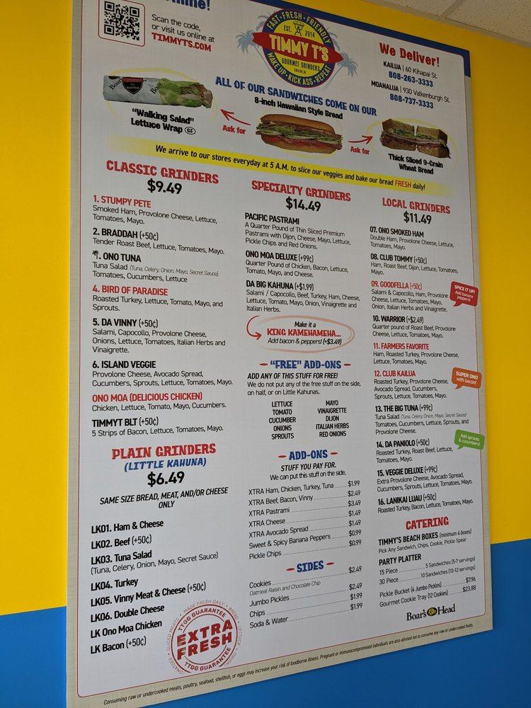 Menu at Timmy T's Gourmet Grinders Sandwich Shop, Honolulu