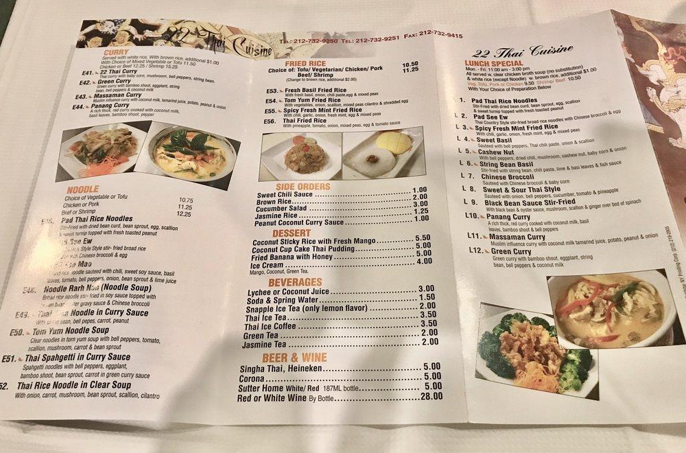 Menu at 22 Thai Cuisine restaurant, New York City, 59 Nassau St