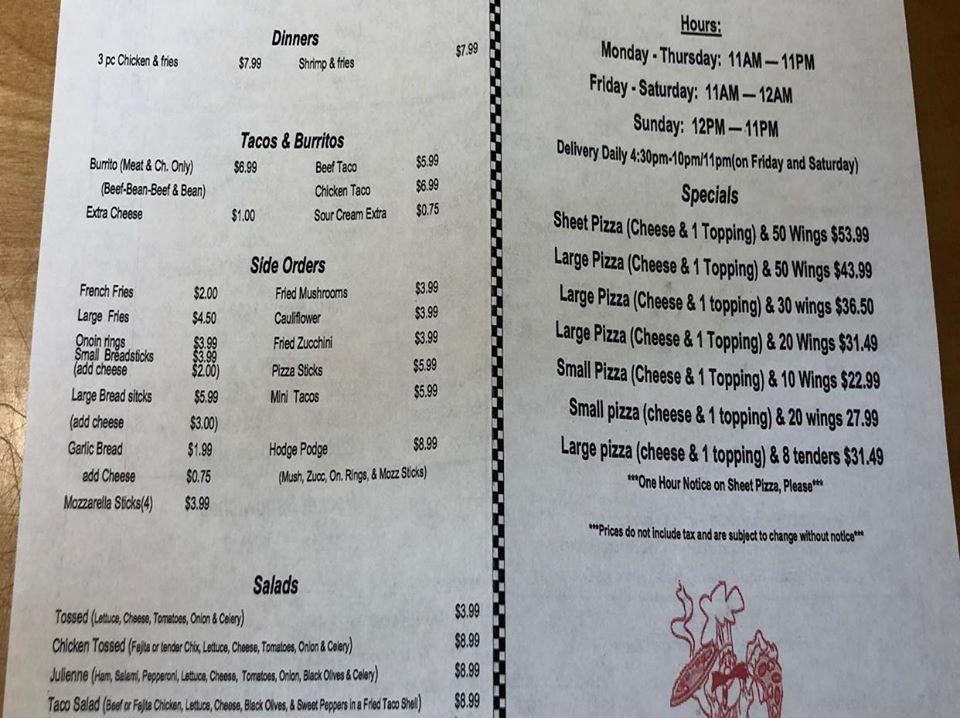 Menu at Capozzi's Pizzeria, Gowanda