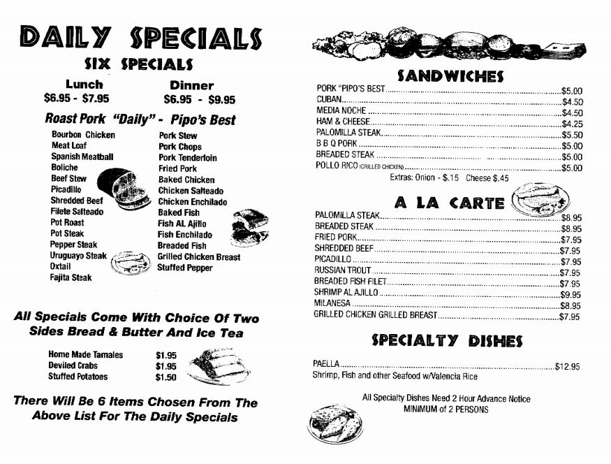 Menu at Pipo's Restaurant, Tampa