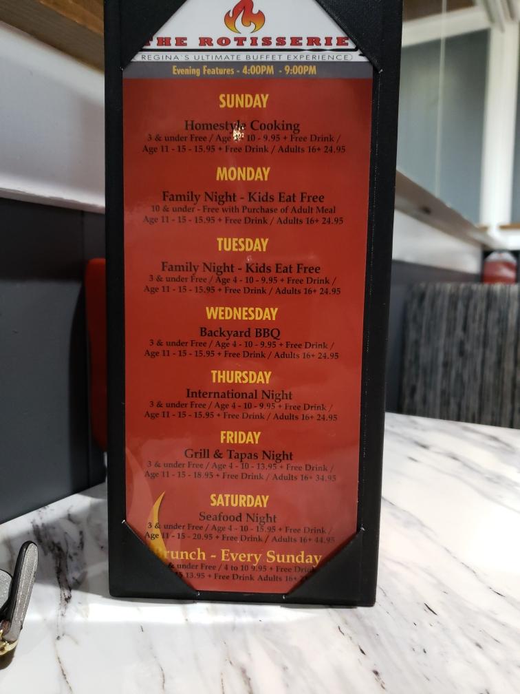 Menu at The Rotisserie restaurant, Regina