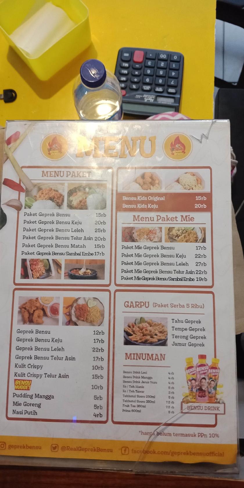 Menu at Geprek Bensu, Kalimalang restaurant, East Jakarta