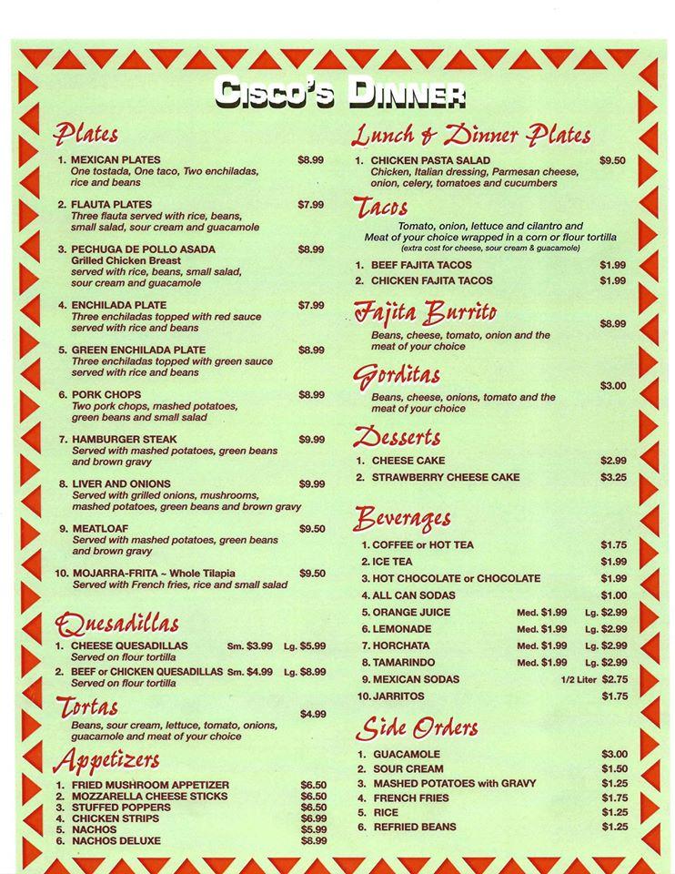 Menu at Cisco's Mexican Restaurant, Houston