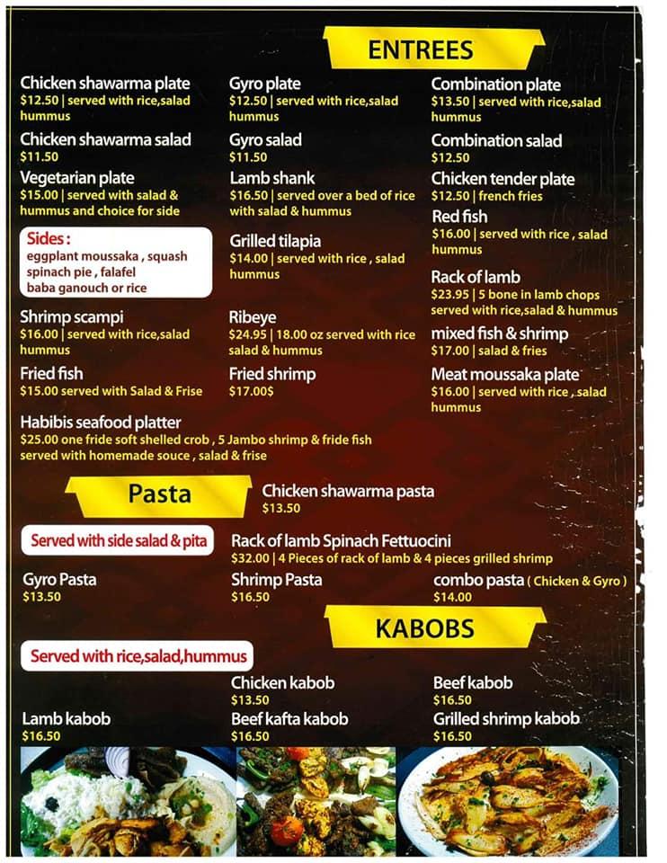 Menu at Habibi's Lebanese Cuisine restaurant, Marksville