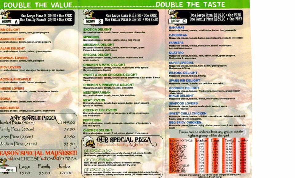 Menu at Georges Pizza restaurant, Centurion