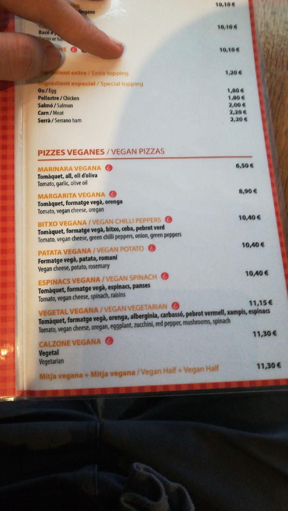 Menu at Pizza Paco pizzeria, Barcelona