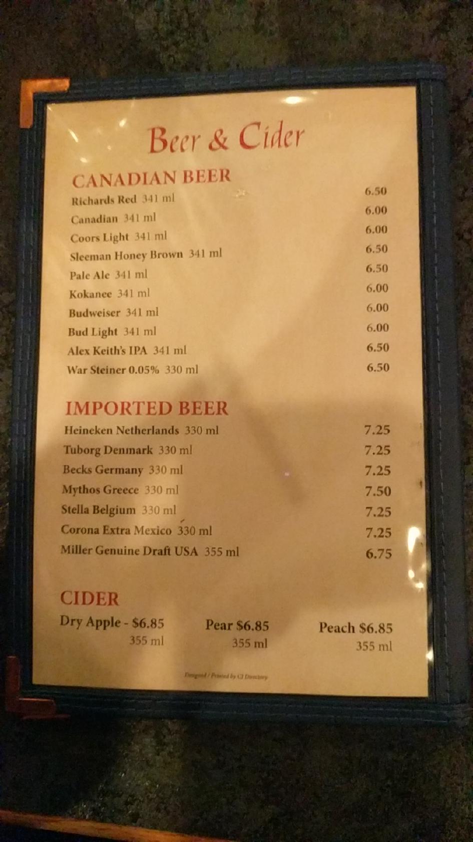 Menu at Ulysses Restaurant, Quesnel