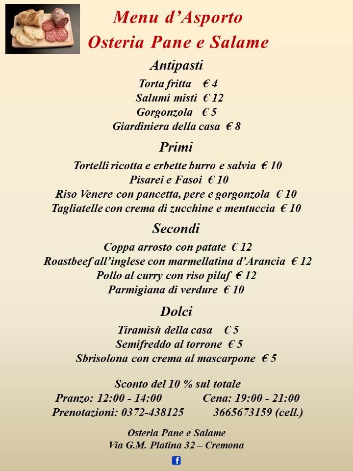 Menu Da Osteria Pane E Salame Ristorante Cremona