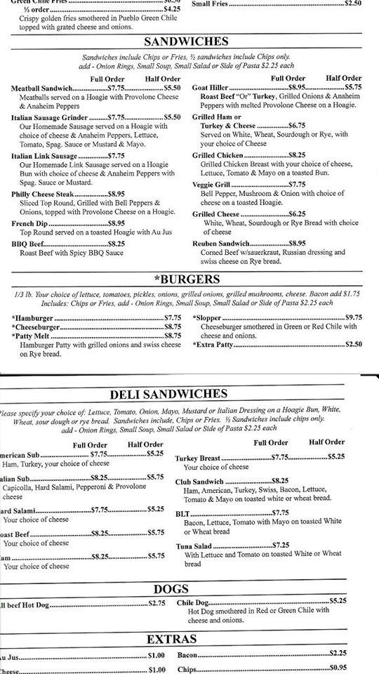 Menu at AJ's at Walking Stick restaurant, Pueblo