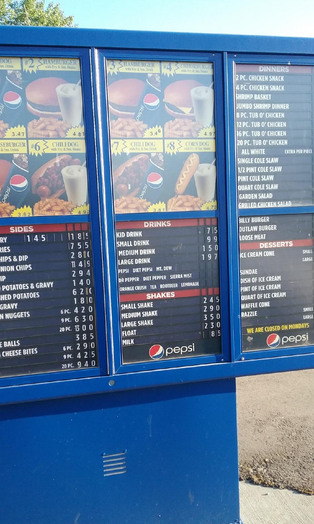 Menu at Billy Boy Drive-Thru fast food, Sioux City