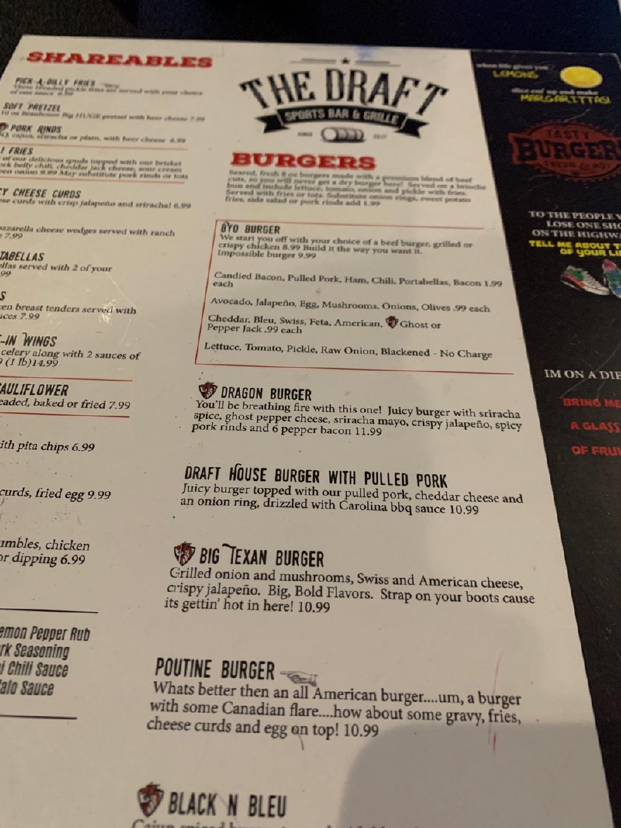 Menu at The Draft Sports Bar & Grill, Swartz Creek