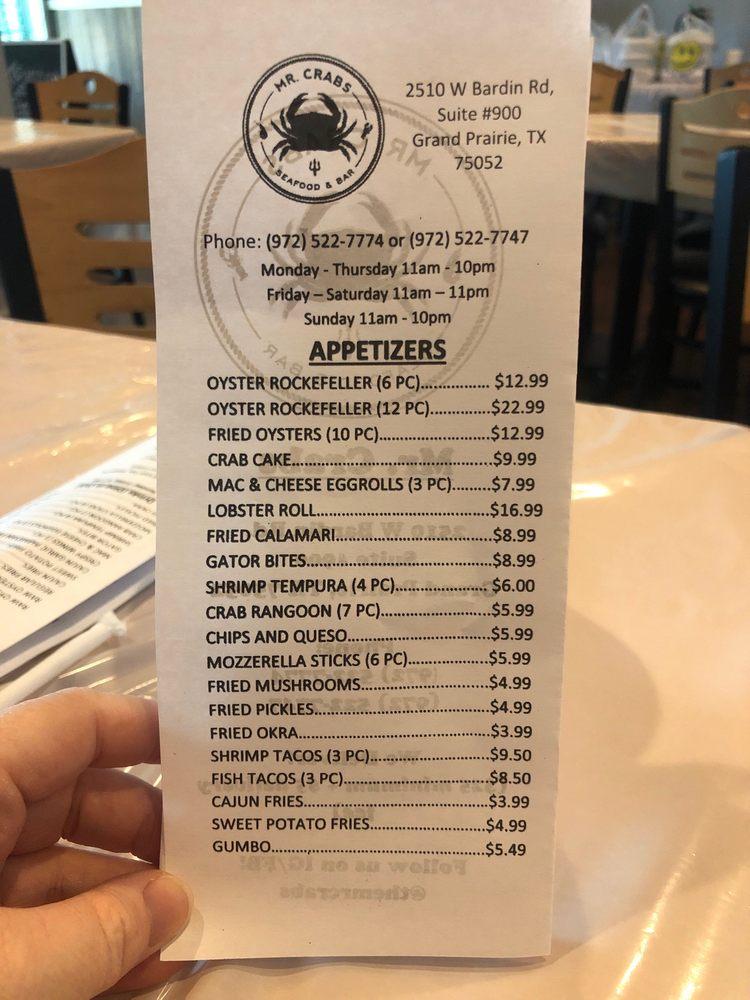 Menu at MR. Crab pub & bar, Grand Prairie
