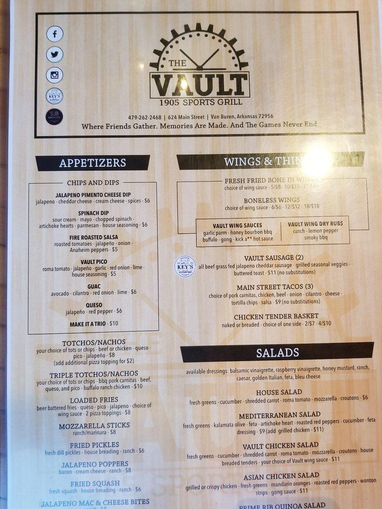 Menu at The Vault 1905 Sports Grill restaurant, Van Buren