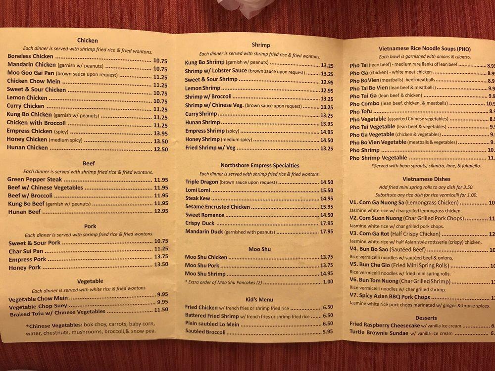 Menu at Northshore Empress restaurant, Covington